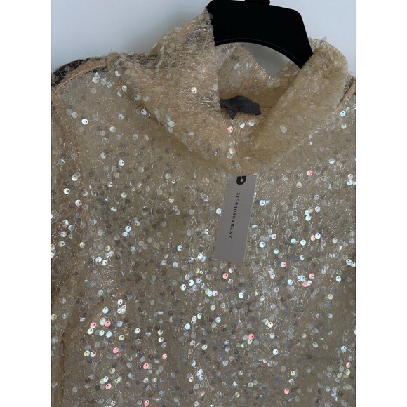 Anthropologie Women’s XS Sequin Sheer Gold Champagne Turtleneck Shirt Retail $98 - Picture 6 of 6